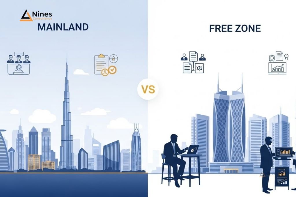 mainland vs free zone UAE by Nines Consultancy mainland vs free zone company setup